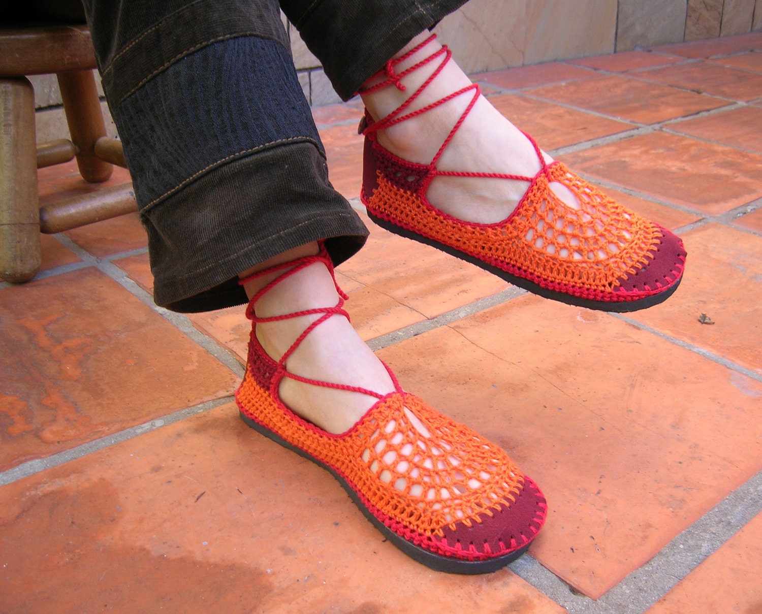Lace up crochet SHOES - Mary Jane - Tangerine w/ burgundy suede - CUSTOM MADE - Hippie boho footwear