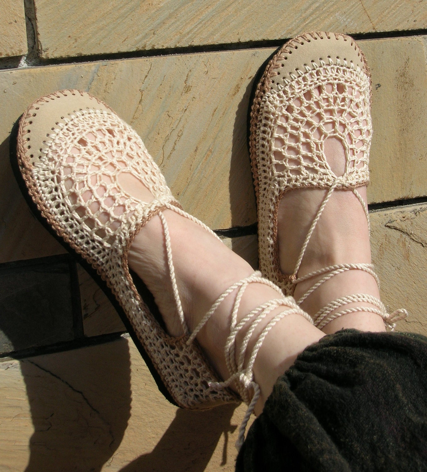 VEGAN Lace up crochet SHOES - Mary Jane - Tan & Beige - CUSTOM made - Hippie boho footwear