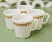 Vintage Cup Pyrex Coffee Cup Mug, White, Gold, Milk Glass, Flower, Butterfly