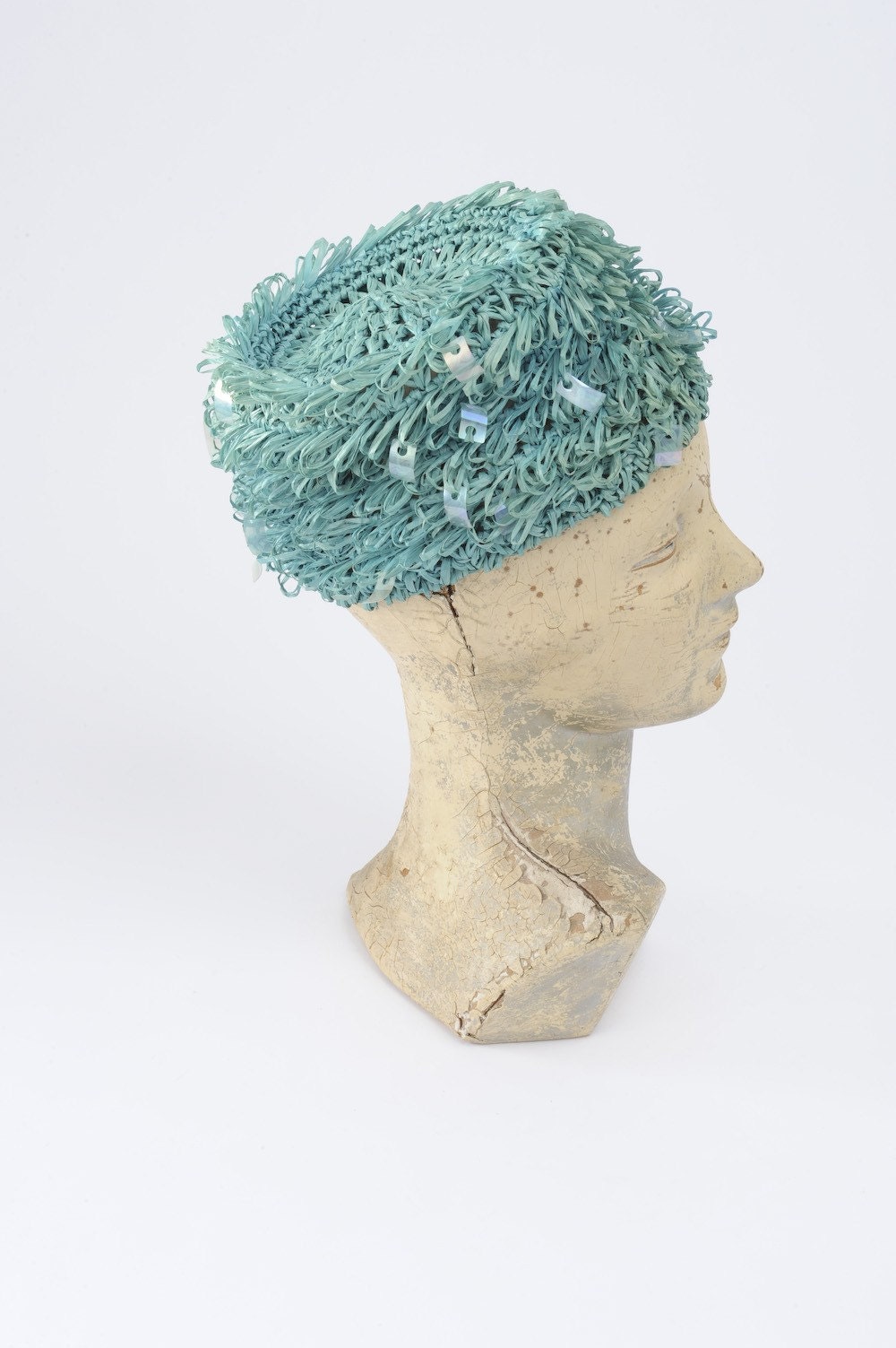 1960s Blue Raffia Hat - Robin's Egg Blue Sequin Crochet Cap