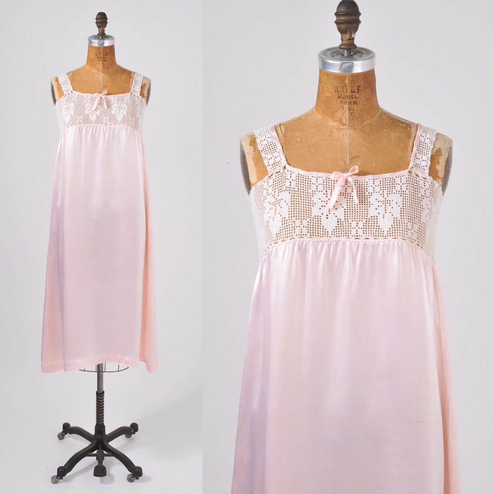 1920's Petal Pink Nightgown - Antique Lingerie with Crochet Bodice with Ribbon