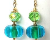 Turquoise blue and green earrings, lampworked glass - Mindielee