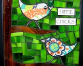 Mosaic Glass Art - HIPPIE CHICKS Whimsical Bird Glass Art
