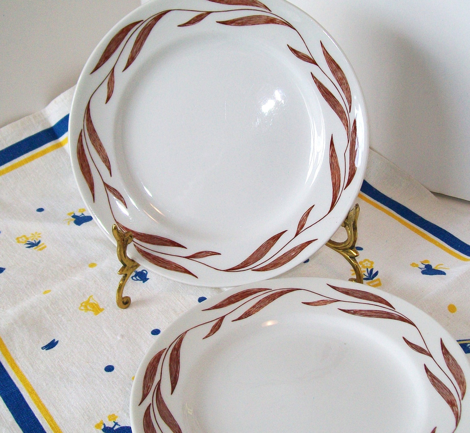 Mayer China 1965 Vintage Restaurant Ware Two Plates Leaves Vines Design 8 Inch Medium Pair Tan Red Dessert Bread Butter