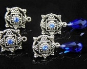 6 pcs - Antique Silver Earring Stud with Blue Sapphire Rhinestone and Loop 17x5mm