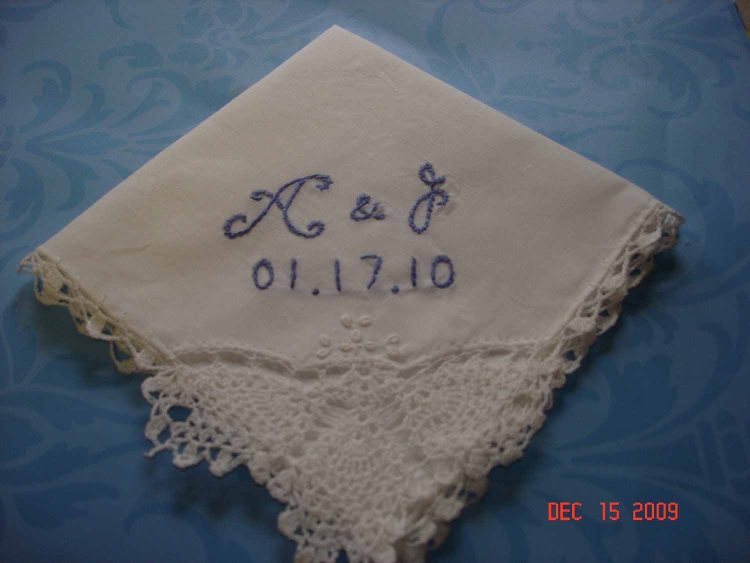 Something blue wedding handkerchief, hand embroidered, WHITE hanky only, wedding colors welcome, monogram, personalized