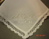 Wedding handkerchief/hearts intertwined/ simply elegant/hand embroidered/ecru on ivory