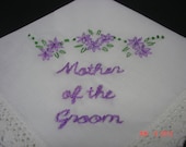 Wedding Handkerchief: mother of bride,groom,  set of 2,lavendar dark/ simply elegant/hand embroidered/dated