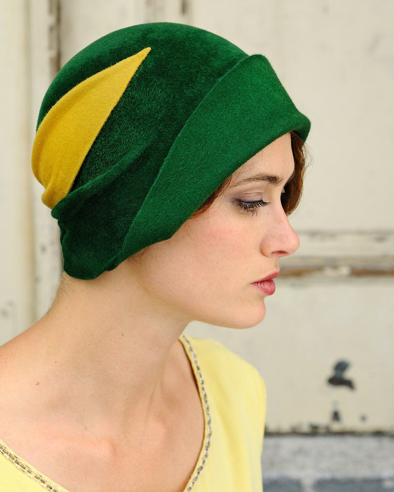 Green Cloche - vintage yellow detail- made to order