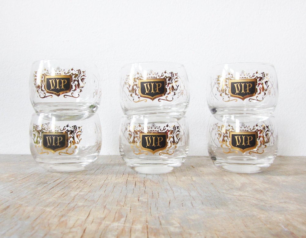 SALE vintage VIP roly poly tumblers / mid century 1960s barware / vintage black and gold cocktail glasses