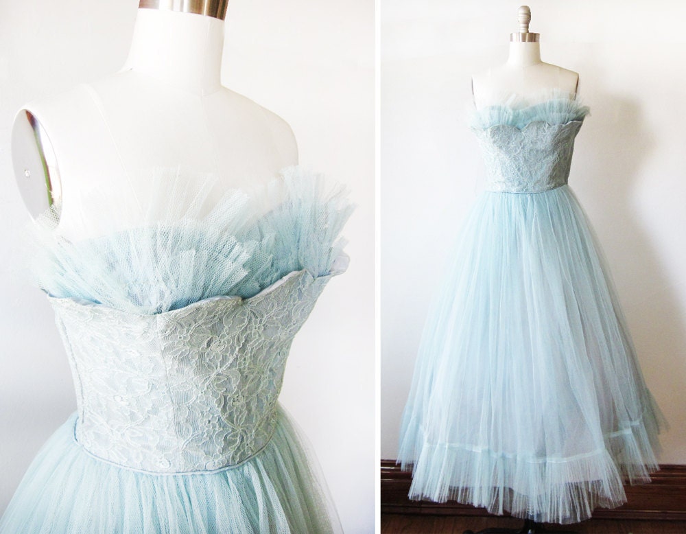 25% OFF SALE vintage 50s party dress / blue tulle gown / prom dress