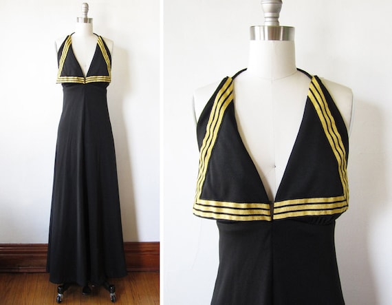 RESERVED until 8/24 vintage 70s sailor dress / black gold halter dress