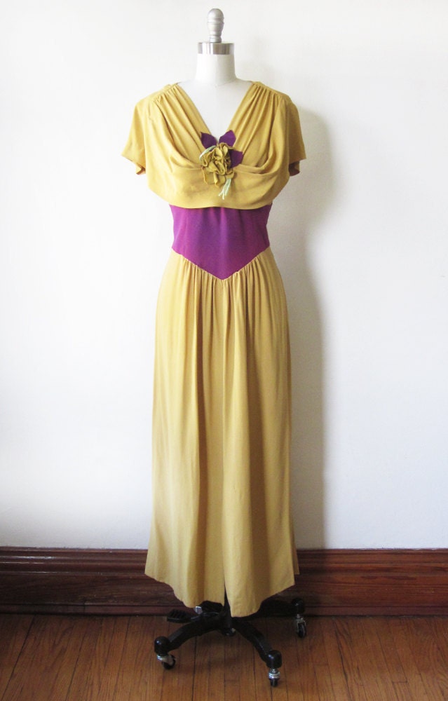 1930s dress / 30s gown / mustard yellow and purple dress