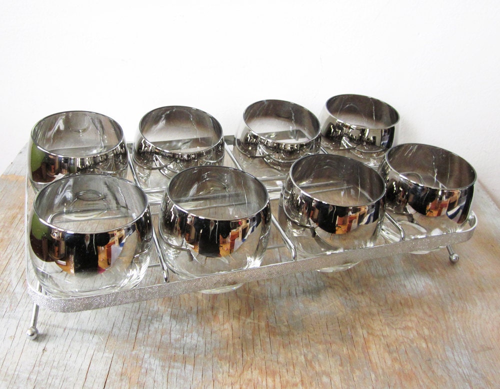 RESERVED until 10/27 mad men glasses with caddy / roly poly glasses / silver ombre cocktail glasses