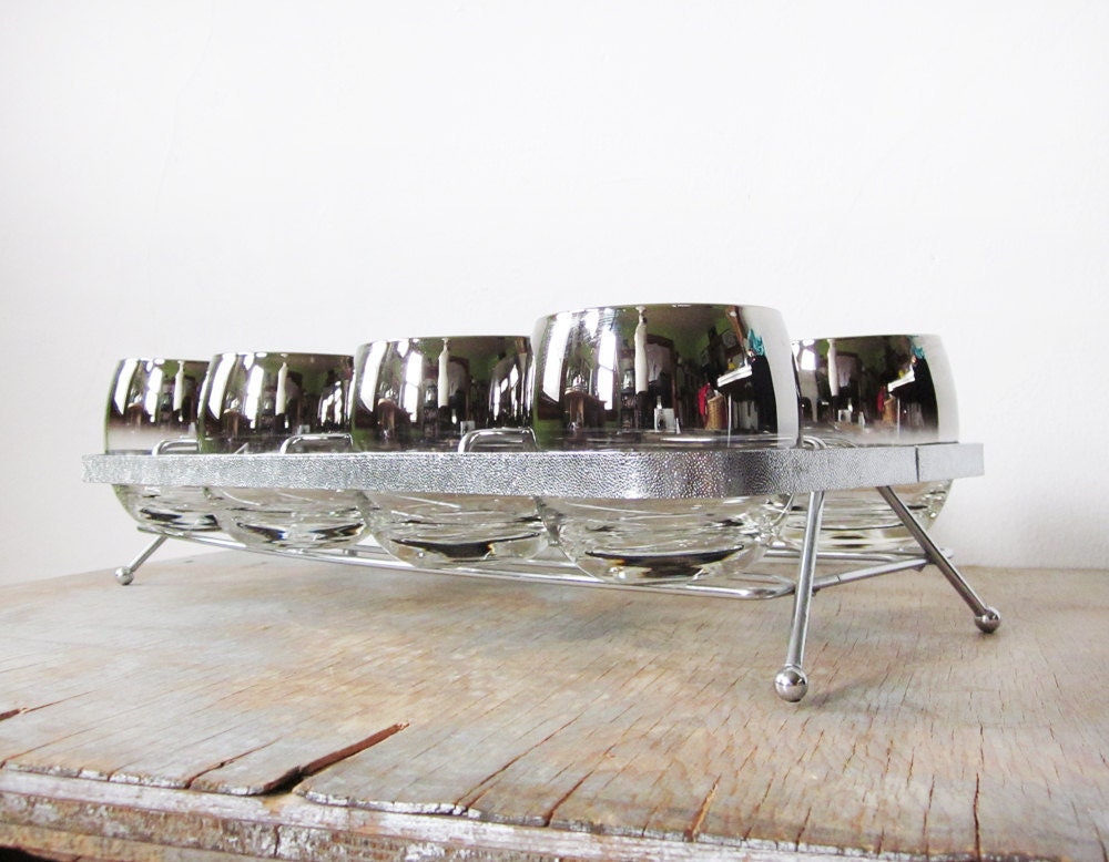 RESERVED until 10/27 mad men glasses with caddy / roly poly glasses / silver ombre cocktail glasses