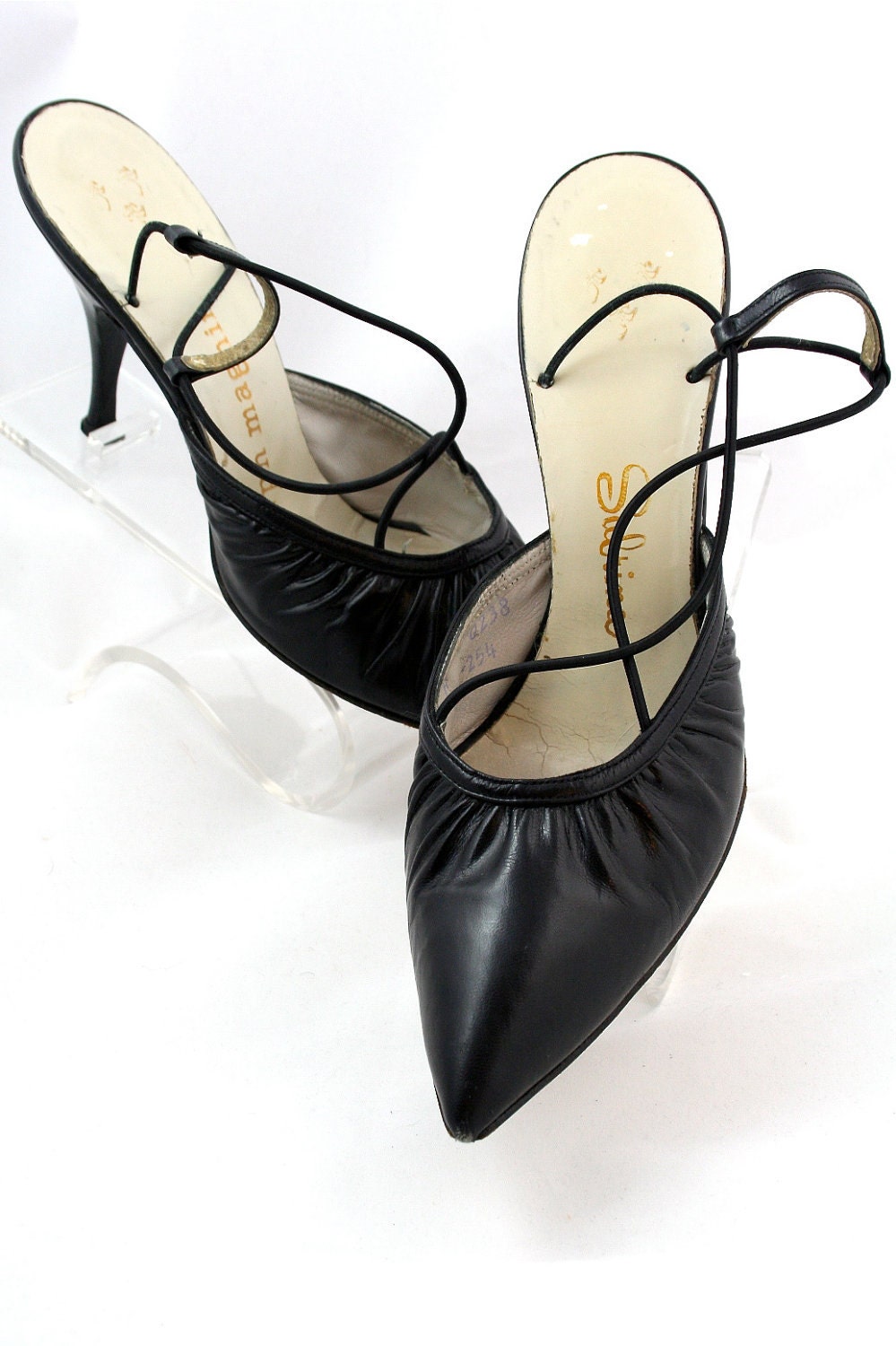 Vtg 1960s Joseph Magnin Black Sexy Slingback Pin-up Shoes 8A - LoulousVintage