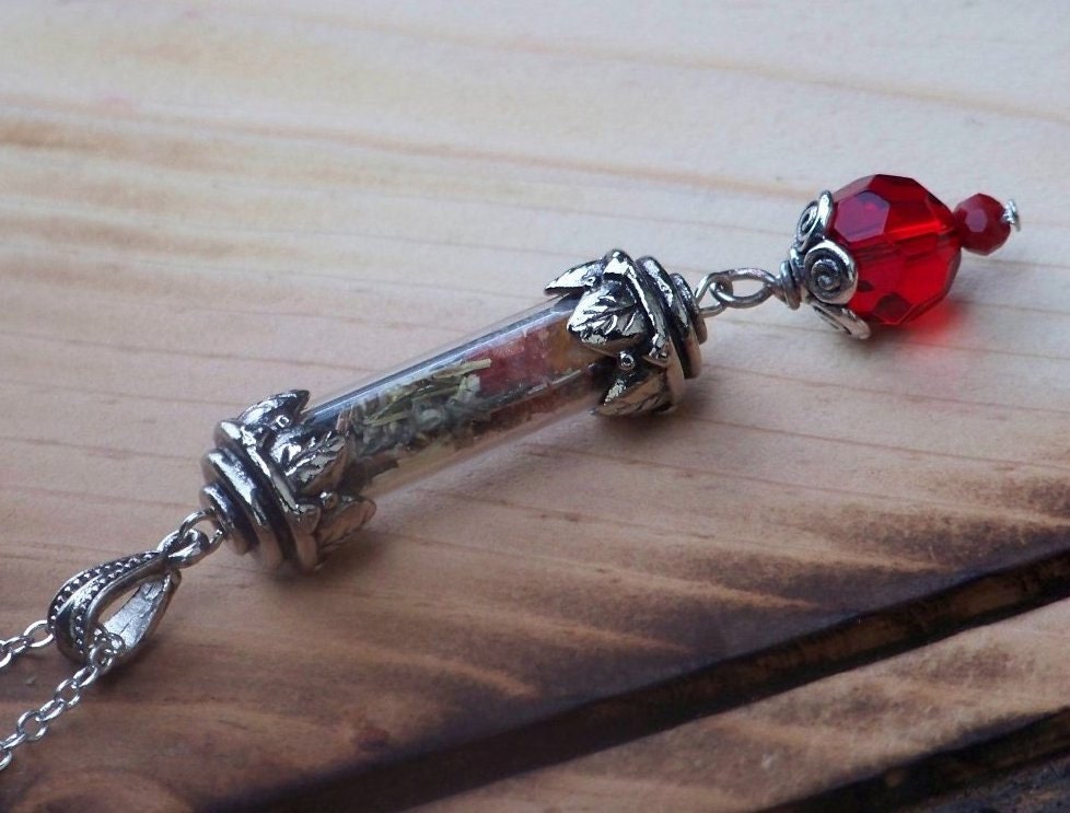 WYTCHBLUD Sacred Circle Antique Silver Witch's Magic Phial Talisman Pendant w/ Red Faceted Crystal Drop in Velvet Pouch