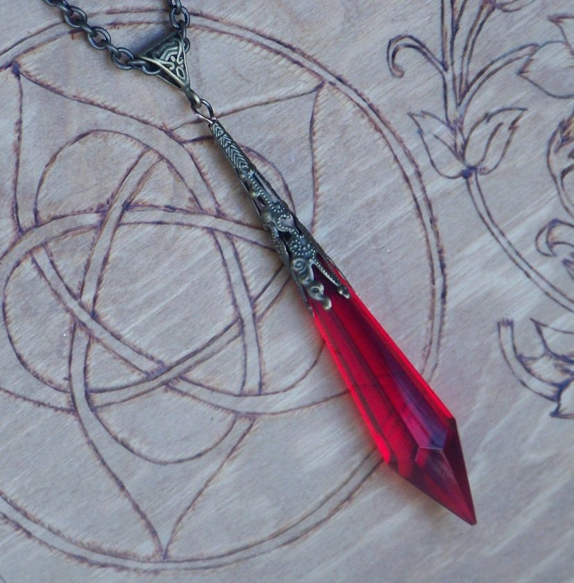 BLOOD Witch's Wand Divination Power Point Pendulum Necklace - Extra Long 3.6" Scarlet Red Faceted Crystal, Medieval Bronze Filigree Cap, 30"