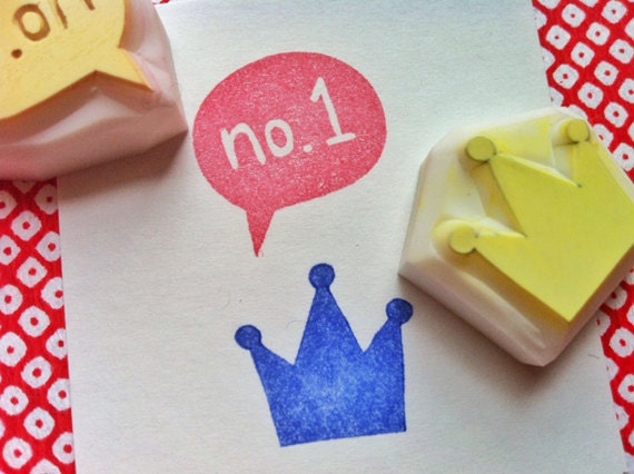 crown rubber stamp - hand carved stamp - hand carved rubber stamp - crown and no1 - set of 2.