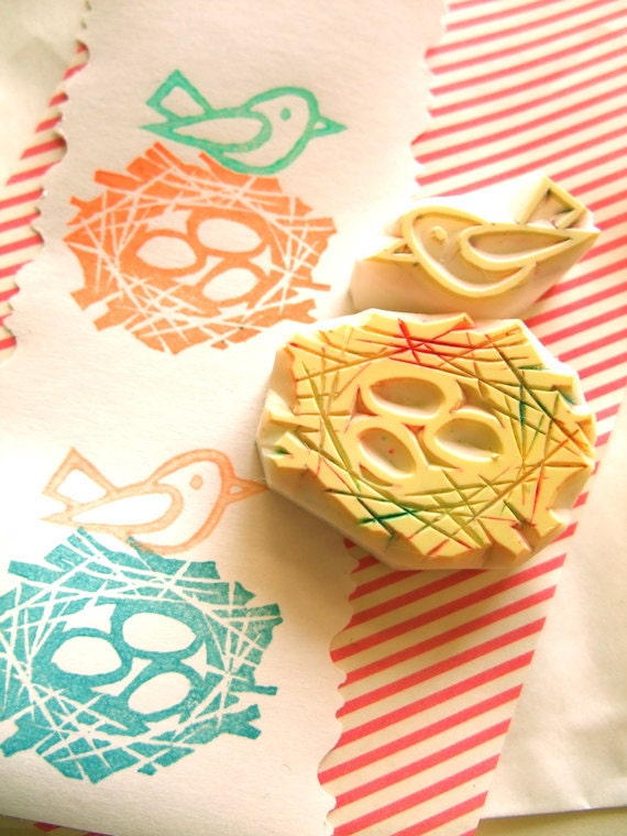 BIRD NEST rubber stamp. hand carved rubber stamp. hand carved stamp. bird stamp. bird nest stamp. set of 2