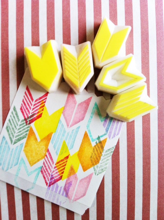 geometric hand carved rubber stamp. chevron handmade rubber stamp. set of 5.