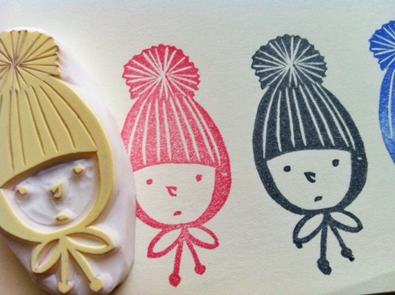 boy in a knitted hat stamp. hand carved rubber stamp. child. handmade rubber stamp.