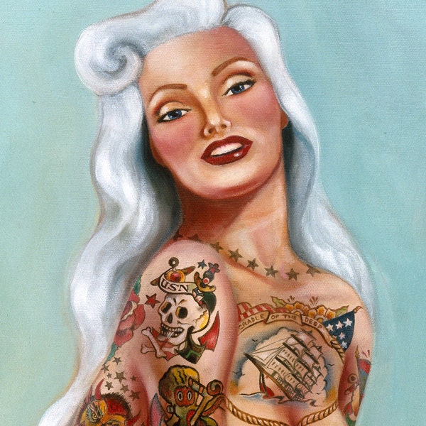 Sailors Grave vintage style mermaid pin up by Sara Ray traditional tattoo poster print hawaiian - 11x 17 Free Ship signed