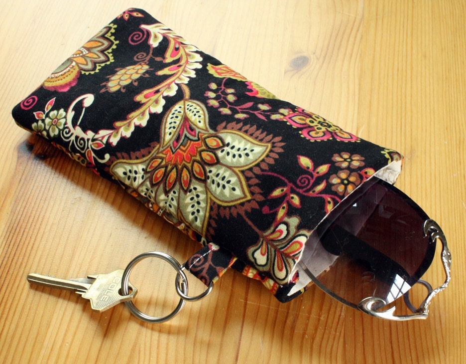 Sunglasses Case in Psychedelic Pink, Olive Green, and Orange Paisley Floral on Black READY to SHIP