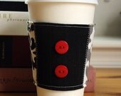 Reusable Coffee Sleeve Coffee Cup Cozy in Gray, Black and White with Red Buttons READY to SHIP