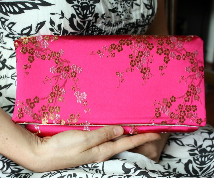 Formal Purse in Hot Pink and Gold Cherry Blossoms - Wedding Clutch - Fuchsia Bridesmaid Purse