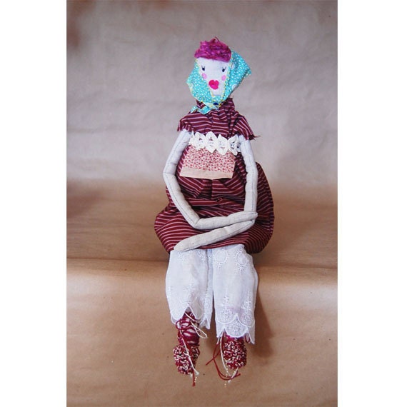 Ragdoll Cloth Doll OOAK Prim Doll Art Plush OLGA Handmade - Pretty Head Scarf Tunic Dress & Pants