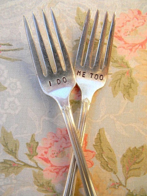 I Do Me Too Wedding Forks. Hand Stamped Vintage Wedding Reception Fork Set.