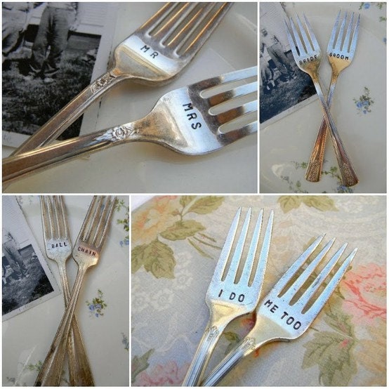 I Do Me Too Forks. Hand Stamped Vintage Wedding Fork Set