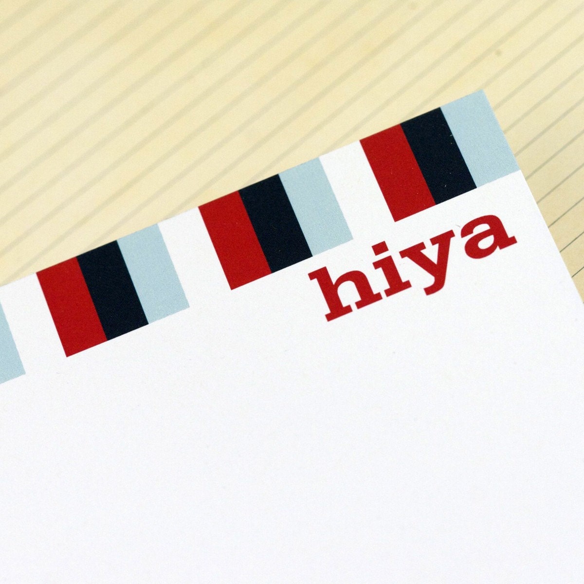 SALE - 10 Red, Navy and Aqua Striped Hiya Notecards - Recycled - Abby