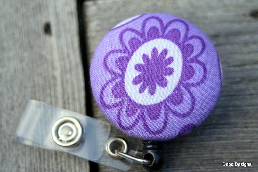 Name badge fabric covered badge reels purple flower    LARGE