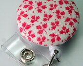Name badge fabric covered badge reels white with rasberry flower design LARGE