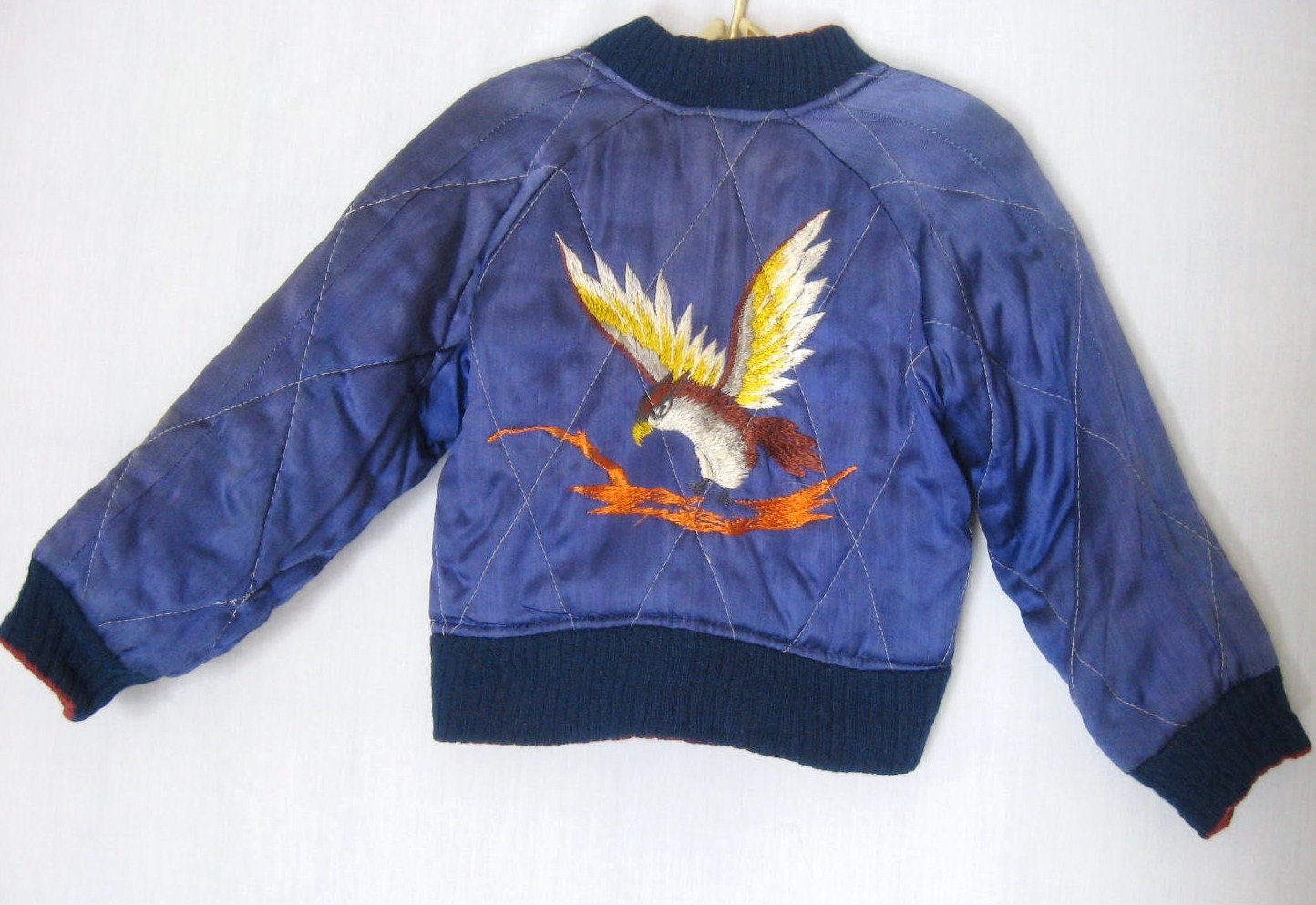 40s 50s  Vintage Souvenir Tour Jacket Reversible Tiger Eagle Embroidery Quilted Satin Baseball Style Japan Korea Child Sz