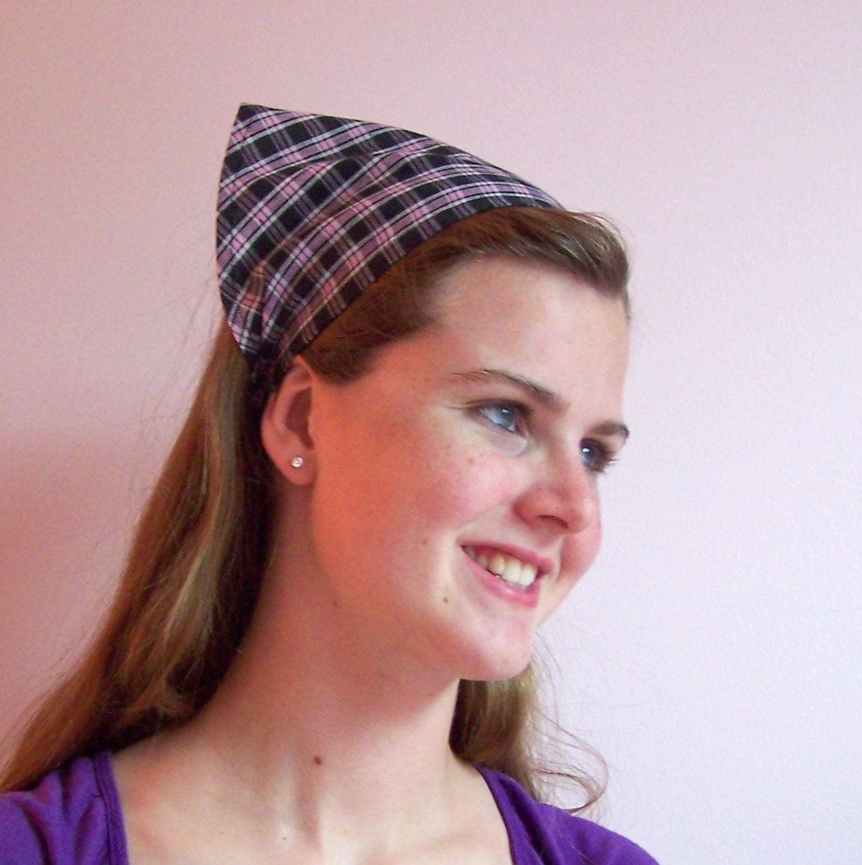 Bandana Headband Pink and Black Plaid