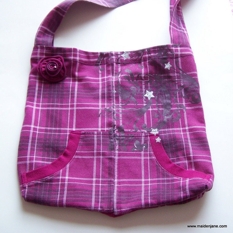 Shoulder Tote - Unique Upcycled Sweatshirt - Purple Pink Plaid