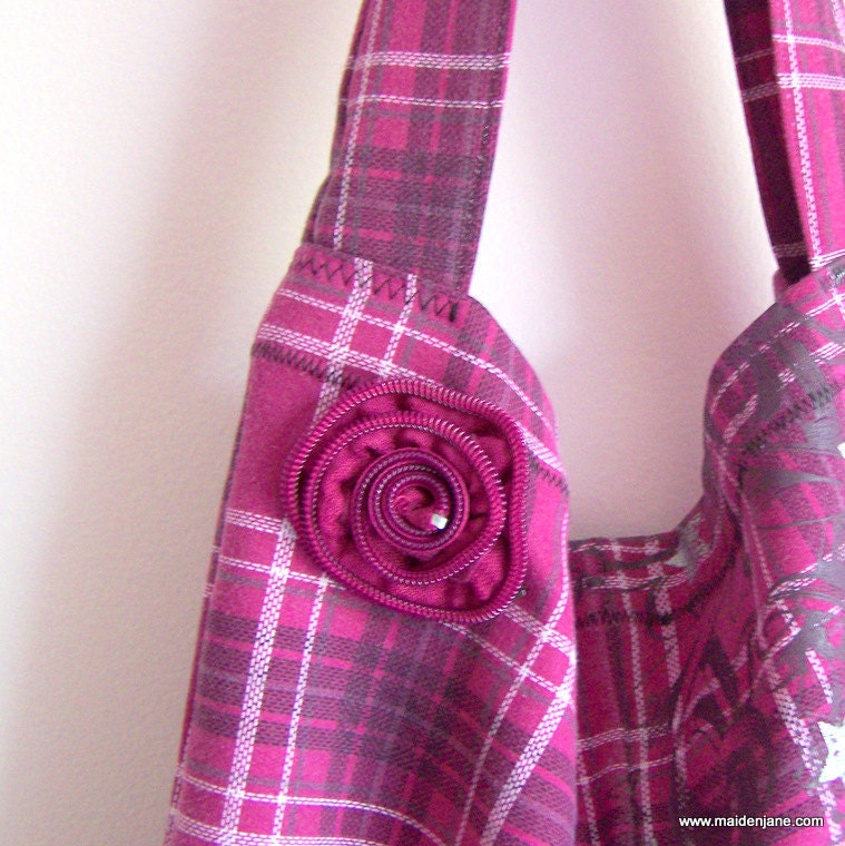 Shoulder Tote - Unique Upcycled Sweatshirt - Purple Pink Plaid