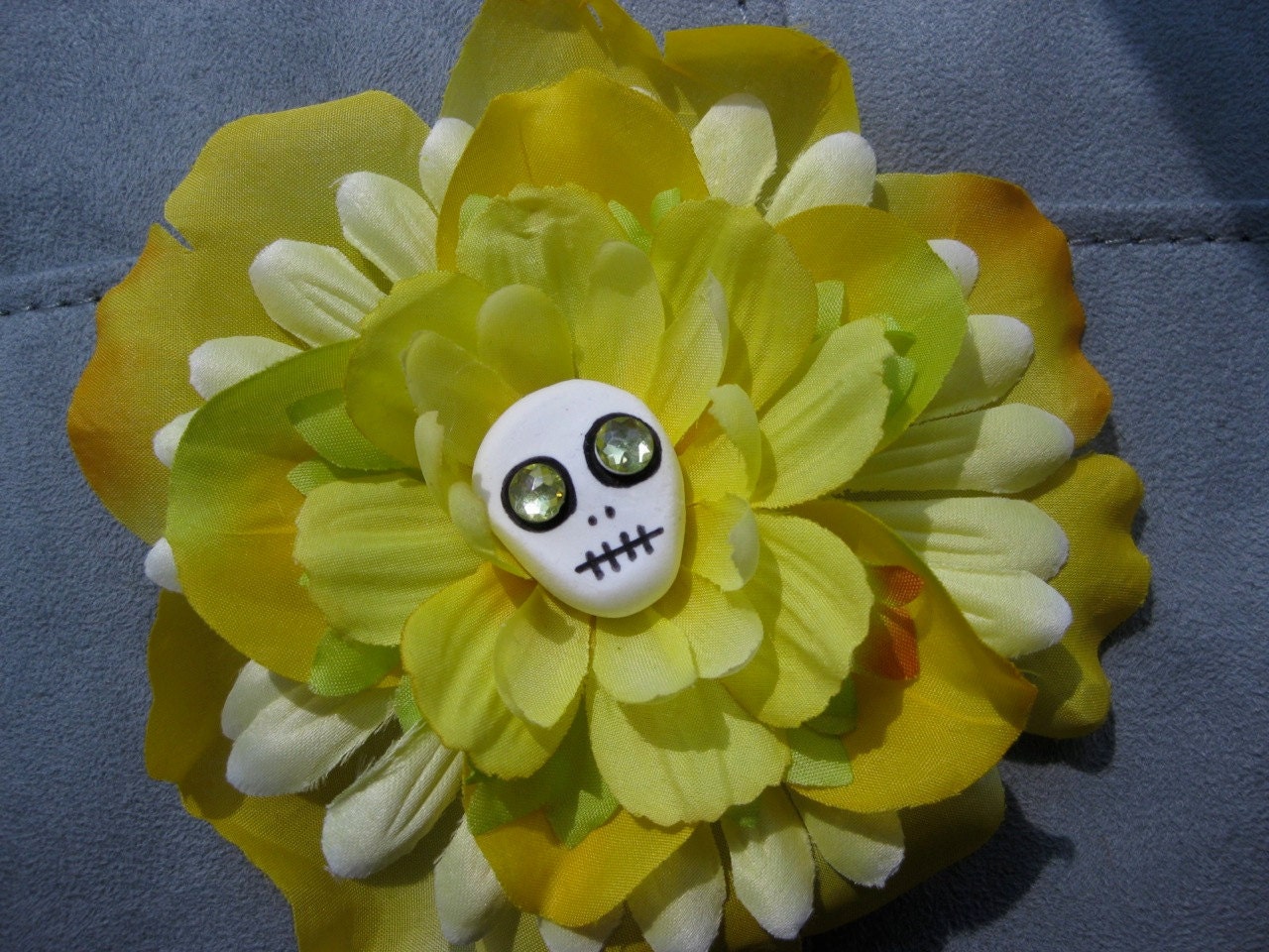 XL Yellow Rose Skull Flower Pin and Hair Clip