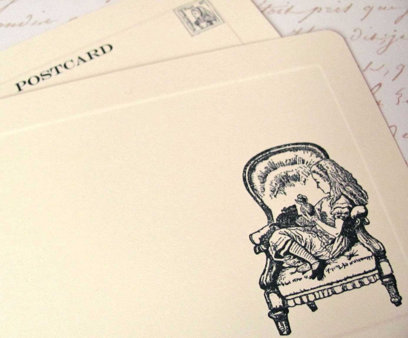 Alice In Wonderland Hand Stamped Postcard Set Of Five (Alice In Chair with Kitty) With Envelopes
