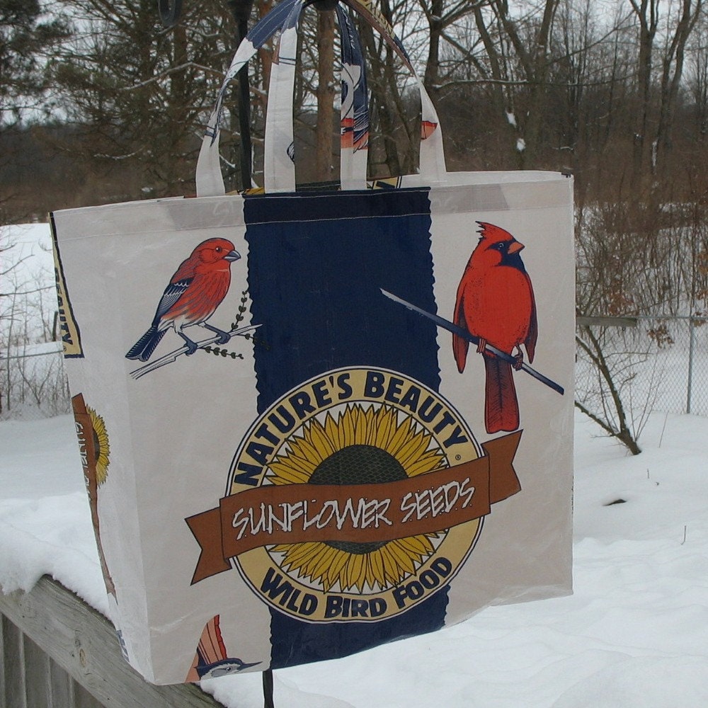 Upcycled Reusable market grocery tote bag for bird lovers