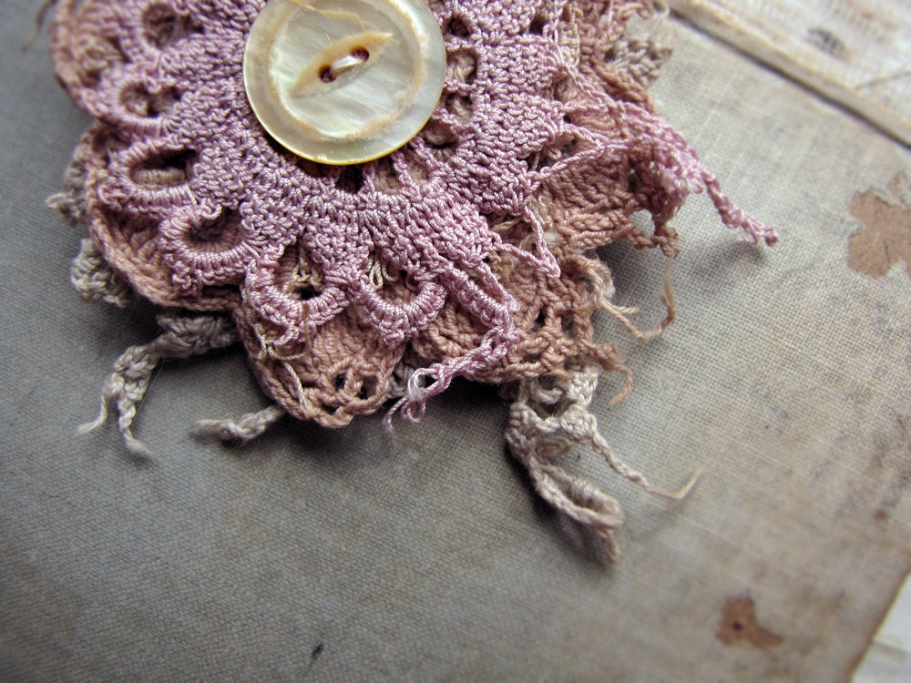 Prairie - lace flower brooch - vintage doily scraps - hand dyed textiles - antique button