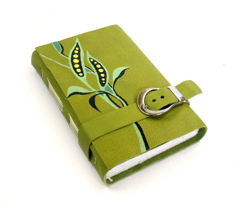 Green Journal - Leather Cover Notebook - Handpainted Diary - Seedlings - Europeanstreetteam - Baghy