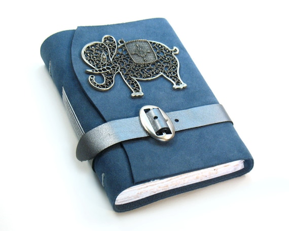 Blue Silver Baby Elephant Journal - Handmade Leather Notebook