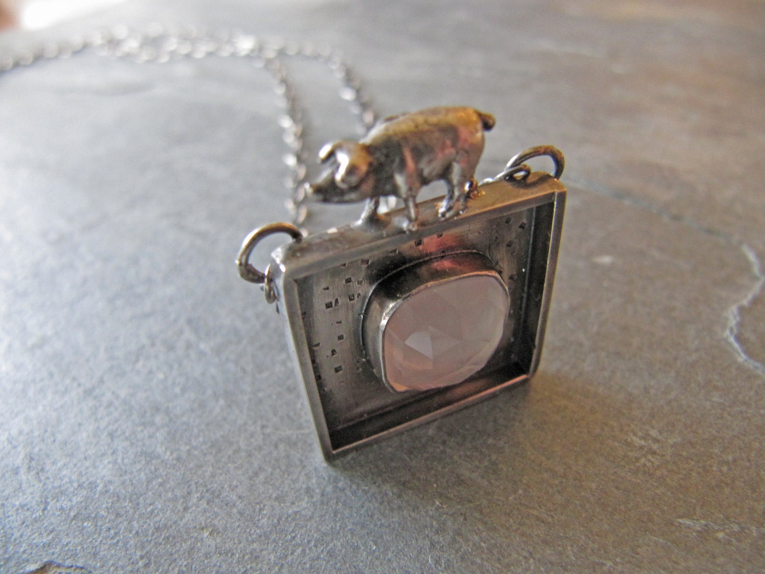 Hogs and Kisses Pendant with Rose Quartz and Cast Pig in Sterling Silver