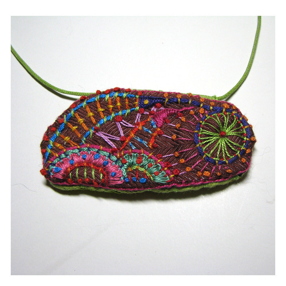 Hand Embroidered Multi-Colored Fantasy Cat Necklace with Chartreuse Backing