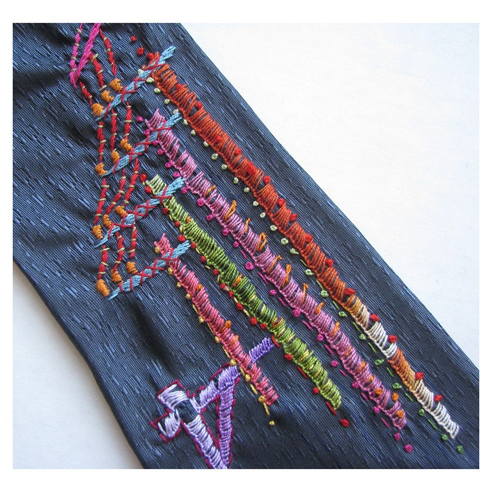 Hand Embroidery on Refashioned Necktie - San Francisco Urban Image