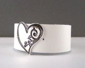 White Leather Heart , Sterling Silver, Womens Cuff Bracelet